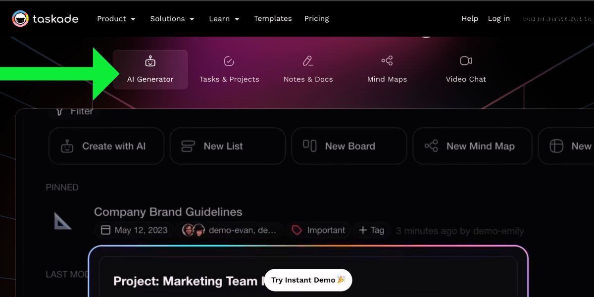Taskade AI menu with arrow pointing down